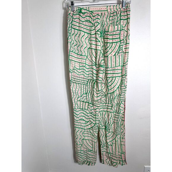 Zara Linen Blend Graffiti Print Pant Cream Green Pink Jogger Pajama Trouser XS - Picture 7 of 8